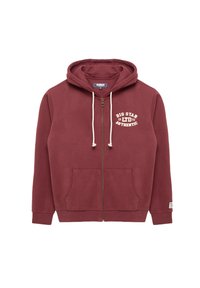 Felpa con zip color bordeaux realizzata in tessuto morbido, con tasca frontale, cappuccio con cordino e testo stampato bianco: "BIG STAR 1979 AUTHENTIC."