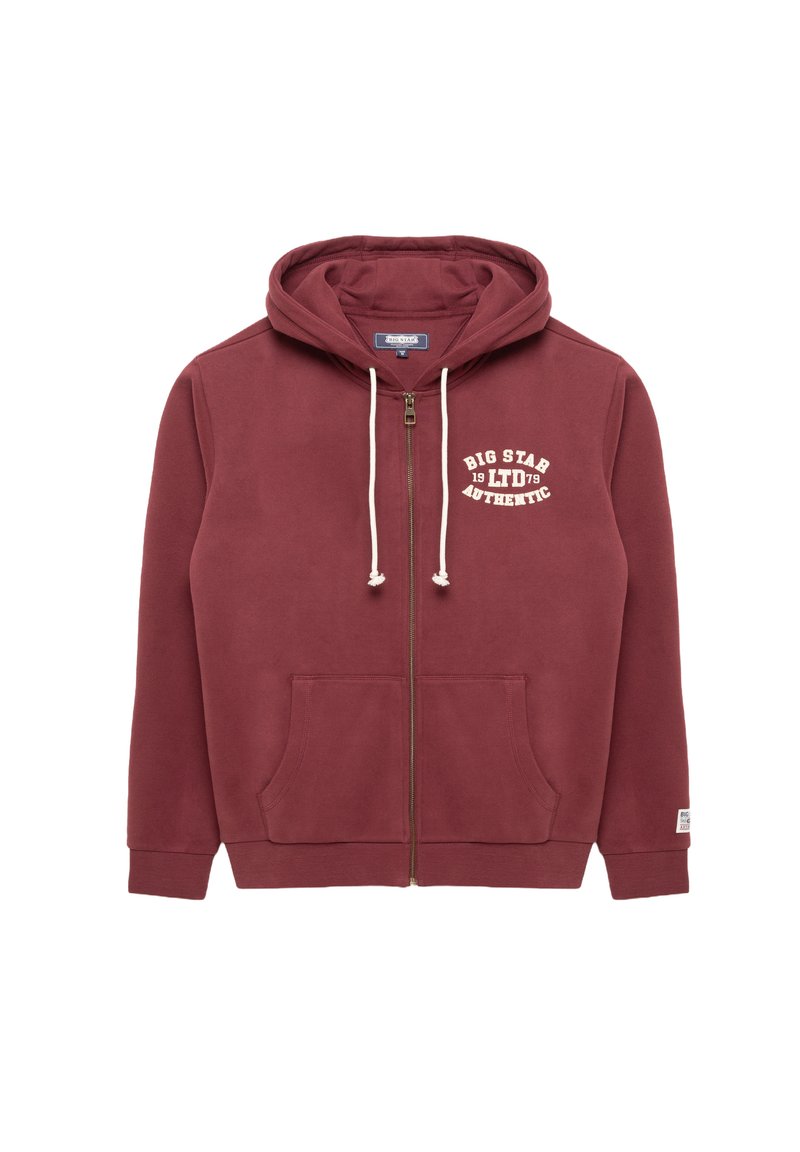 Felpa con zip color bordeaux realizzata in tessuto morbido, con tasca frontale, cappuccio con cordino e testo stampato bianco: "BIG STAR 1979 AUTHENTIC."