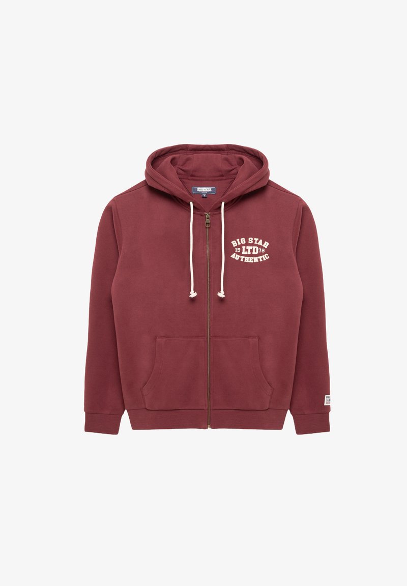 Maroon zip-up hoodie made from soft fabric, featuring a front pocket, drawstring hood, and white printed text: "BIG STAR 1979 AUTHENTIC."