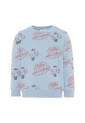 Sweat-shirt bleu clair avec texte rouge en cursive répétée "Stella McCartney" et souris dessin animé portant des chapeaux et sautant à la corde.