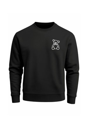 Black sweatshirt made from cotton, featuring a white outline of a bear on the left chest area. Simple, crew-neck design with ribbed cuffs.