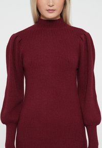 Burgundy ribbed knit sweater with high neck, puffed long sleeves, and fitted silhouette. Textured fabric and soft finish.