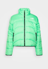 Lys grøn dunjakke med høj krave, sort lynlås, to lynlåslommer på siden og hvidt "The North Face" logo på brystet.