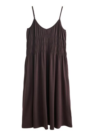 Brown sleeveless midi dress with adjustable spaghetti straps and gathered, elasticized stitching across the bodice and waist.