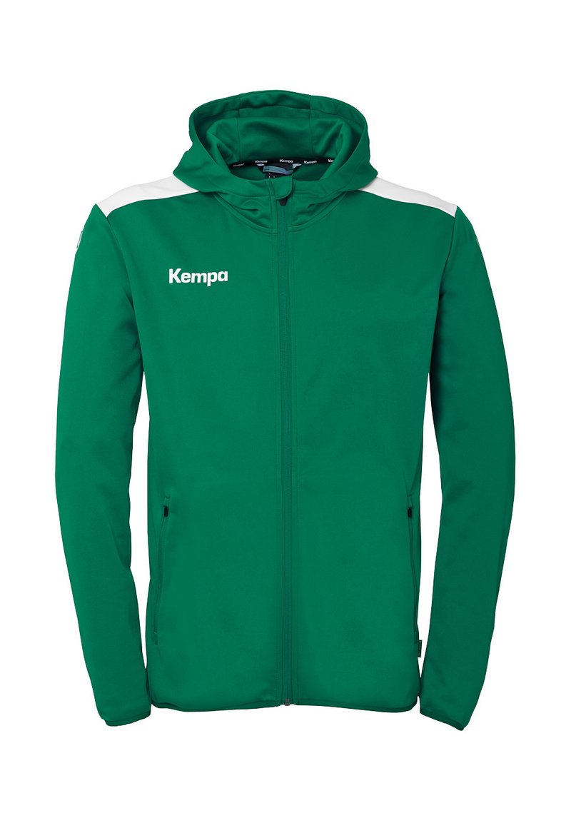 Groene rits hoodie met een zachte textuur, witte schouderaccenten en het "Kempa" logo op de borst. Bevat zakken en een capuchon.