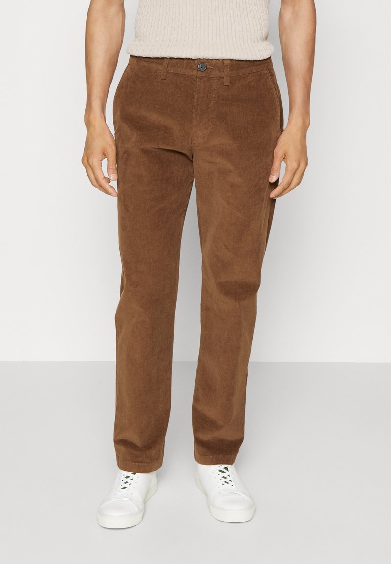 Bruna kordfluwelpants med rak passform och subtil textur, med en framknappstängning och standardbältesöglor.