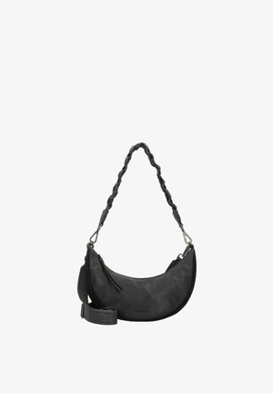 Borsa a spalla in pelle nera con forma curvata, manico intrecciato e tracolla regolabile. Presenta una texture liscia e un design minimalista.