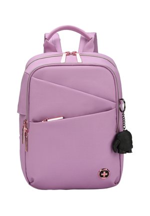 Purple nylon backpack with diagonal stitching, silver hardware, dual zipper closure, and a small black character keychain attached.