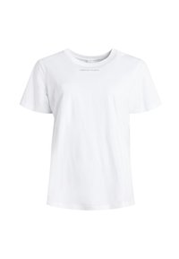 Hvid bomulds t-shirt med korte ærmer og rund halsudskæring. På midten foran står "rethink studios" i lille, minimalistisk tekst.