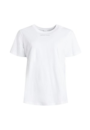 White cotton t-shirt with short sleeves and a crew neckline. Center front features "rethink studios" in small, minimalist text.