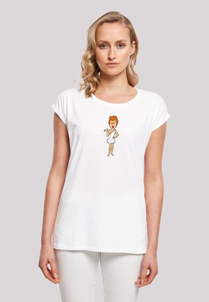 Weißes T-Shirt mit kurzen Ärmeln, das ein Cartoon-Charakterdesign in der Mitte zeigt. Der Stoff wirkt weich und hat eine lockere Passform sowie einen runden Halsauschnitt.