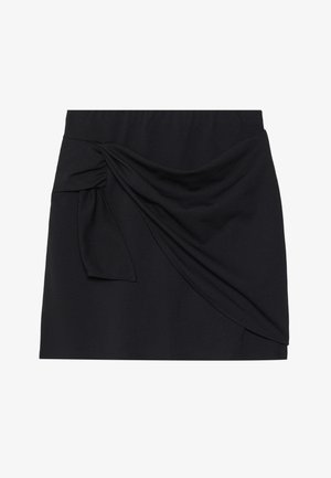Schwarzer Minirock mit gerafftem Seitendetail und Schleifenakzent. Aus einem glatten, dehnbaren Stoff gefertigt, mit einer taillierten Passform und einem sauberen Saum.