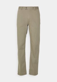 Beiga rak benbyxor med bältesöglor, framknapp och dragkedjestängning, uppvisade mot en ren vit bakgrund.