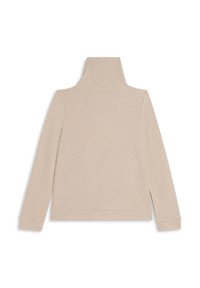Maglione beige a maniche lunghe con collo a dolce vita, orlo dritto e polsini a costine, posato piatto con il retro rivolto verso l'alto.