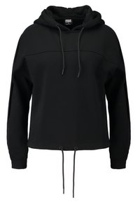 Felpa nera con cappuccio realizzata in tessuto morbido, caratterizzata da un cappuccio regolabile, un design croppato e delle aperture laterali. Ha maniche lunghe con polsini a costine.
