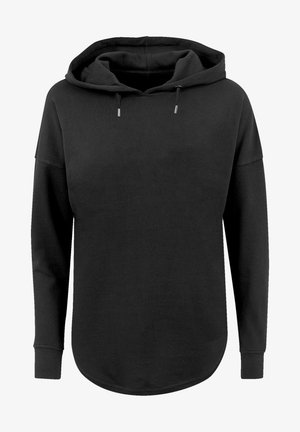 Sudadera negra de manga larga con puños acanalados, capucha ajustable con cordón, corte relajado y detalle de dobladillo redondeado.