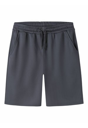 Shorts de sport gris foncé avec taille élastique, cordon de serrage et poches latérales, présentés à plat sur un fond blanc.