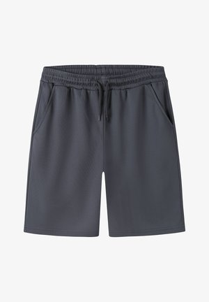 Mørkegrå atletiske shorts med elastisk talje, snøre og sidelommer, vist fladt på en hvid baggrund.