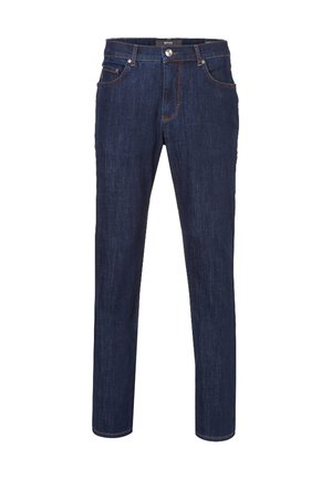 Dunkelblaue Denim-Jeans mit schlanker Passform, fünf Taschen-Design und kontrastierenden orangen Nähten. Verfügt über einen Metallknopfverschluss an der Taille.