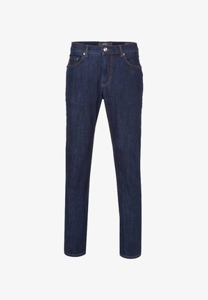 Jeans in denim blu scuro con una vestibilità slim, design a cinque tasche e cucitura arancione a contrasto. Presentano una chiusura con bottone metallico in vita.