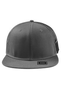 Gray cap with a flat brim, fabric front, mesh back, and a small black label on the front. Features six ventilation holes and stitched accents.