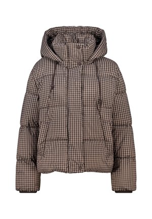 Bruine geruite pufferjack met capuchon, met een boxy vorm, gestructureerd oppervlak en elastische mouwen voor een snug fit. Voorzien van een rits en knopen aan de voorkant.