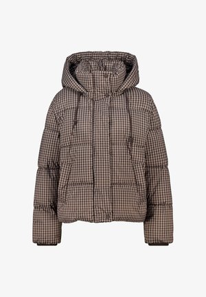 Chaqueta de plumas a cuadros marrón con capucha, que presenta una forma cuadrada, superficie texturizada y puños elásticos para un ajuste ceñido. Con cremallera delantera y botones.