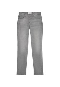 Jeans de mezclilla gris con corte recto, cinco bolsillos y un ligero desgastado. Incluye cierre de botón y trabillas para cinturón.