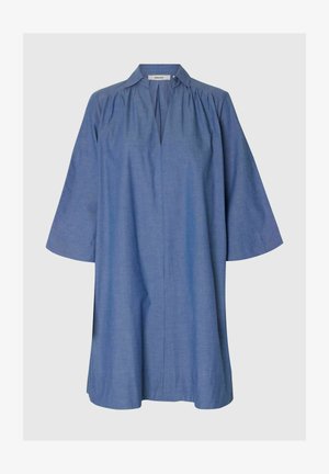 Blue, loose-fit, knee-length dress with half sleeves, gathered shoulders, open collar, and a hidden front placket, displayed on a white background.