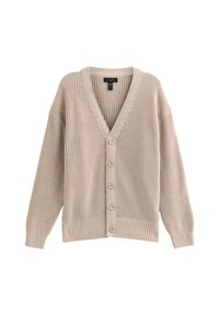 Cardigan lavorato a maglia beige con scollo a V, texture a costine e sei bottoni frontali. Presenta maniche lunghe e una vestibilità morbida.