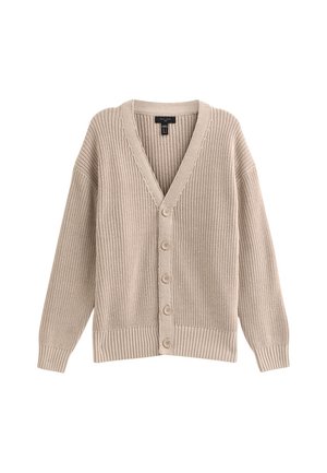 Beige gebreide cardigan met een V-hals, geribbelde textuur en zes knopen aan de voorkant. Voorzien van lange mouwen en een relaxte pasvorm.