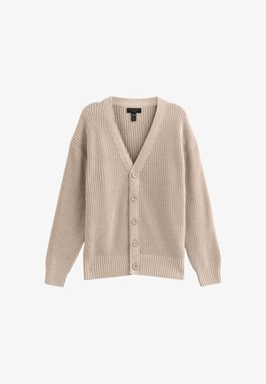 Beige gebreide cardigan met een V-hals, geribbelde textuur en zes knopen aan de voorkant. Voorzien van lange mouwen en een relaxte pasvorm.