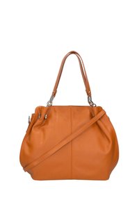 Bolso de cuero marrón con doble asa, una correa de hombro desmontable y forma redondeada. Presenta detalles de costura sutiles y herrajes en tono plateado.