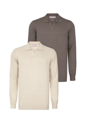 Two long-sleeve polo sweaters: one beige with a textured collar, the other dark brown with a smooth finish. Both feature a relaxed fit.