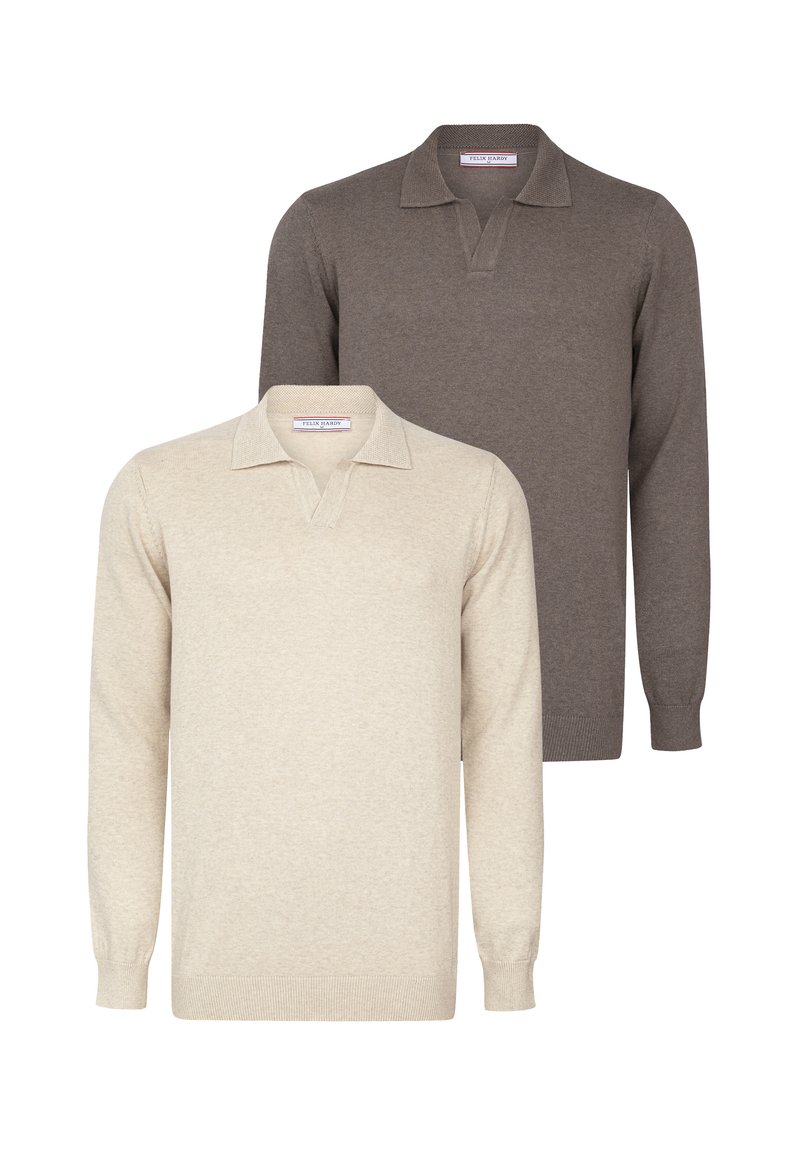 Two long-sleeve polo sweaters: one beige with a textured collar, the other dark brown with a smooth finish. Both feature a relaxed fit.