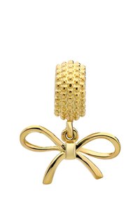 Gouden charme met een getextureerd rond element boven een strikvormig ontwerp, beide glanzend en glad, met een gepolijste afwerking.