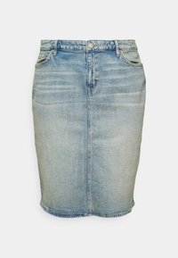 Ljusblå jeanskjol, knälängd, med rak passform och subtila blekningar, med en framknäppning och klassisk femfickdesign.