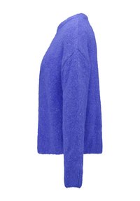 Lila gestrickter Pullover mit lockerer Passform, gerippten Bündchen und weichem, strukturiertem Material. Mit Rundhalsausschnitt und Seitennahtdetails.