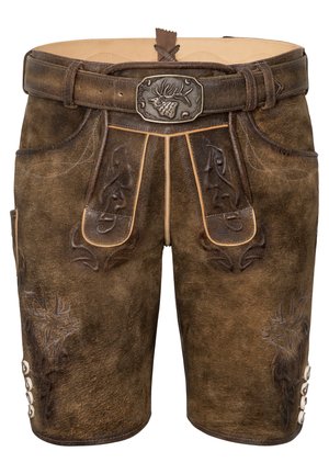 Braune Lederhosen mit hoher Taille, dekorativer Naht, zwei Vordertaschen und einer Metallschnalle mit einem Hirschdesign.