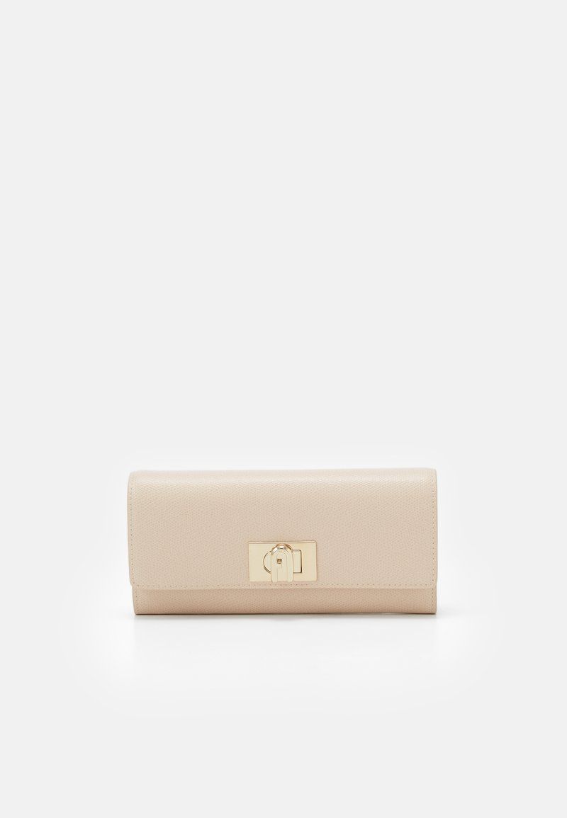 Portafoglio in pelle beige con superficie liscia, forma rettangolare e dettaglio in metallo dorato sulla parte anteriore.