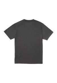 T-shirt gris foncé uni à manches courtes et col rond, à plat, montrant le dos sur un fond blanc.