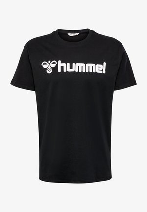 Zwarte katoenen t-shirt met korte mouwen, voorzien van een groot wit 'hummel' logo dat over de borst is gedrukt en een ronde hals.