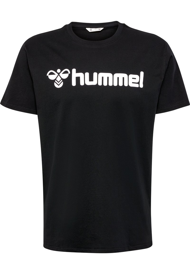 Zwarte katoenen t-shirt met korte mouwen, voorzien van een groot wit 'hummel' logo dat over de borst is gedrukt en een ronde hals.
