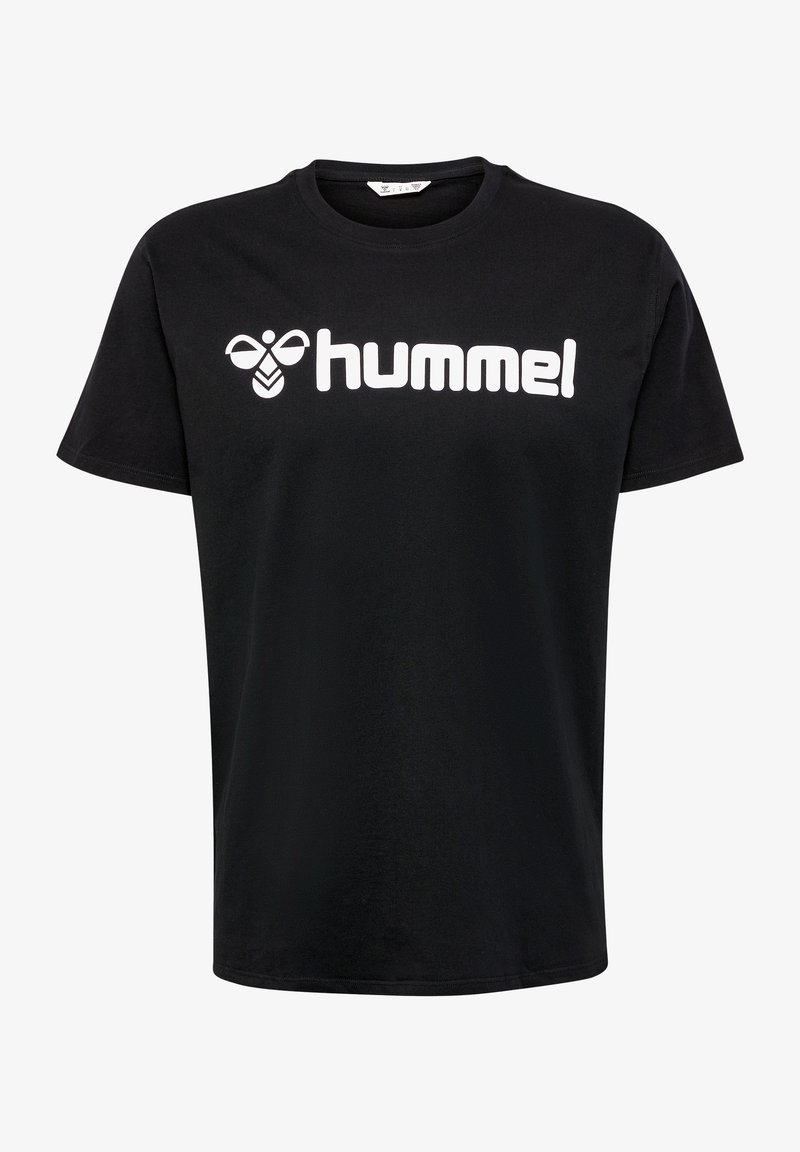 T-shirt de algodão preto com mangas curtas, apresentando um grande logo branco "hummel" impresso no peito e um decote redondo.