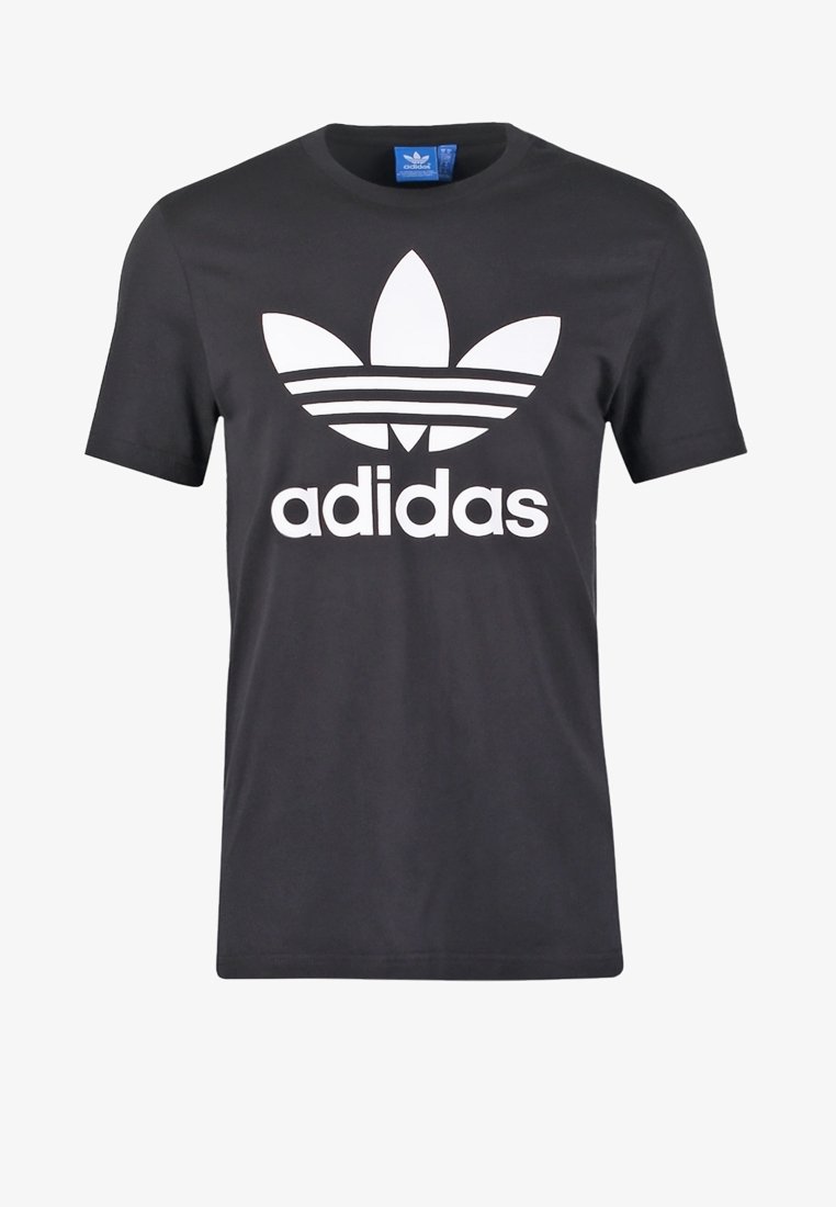 Černé bavlněné tričko s velkým bílým logem Adidas trefoil a třemi vodorovnými pruhy. Klasický kulatý výstřih a krátké rukávy.