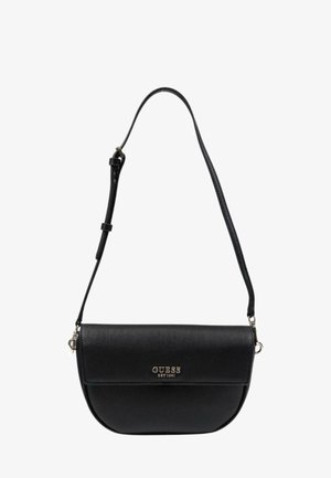 Borsa a tracolla in ecopelle nera con forma arrotondata, chiusura a pattina e hardware in argento. Presenta il logo "GUESS" impresso sul fronte.