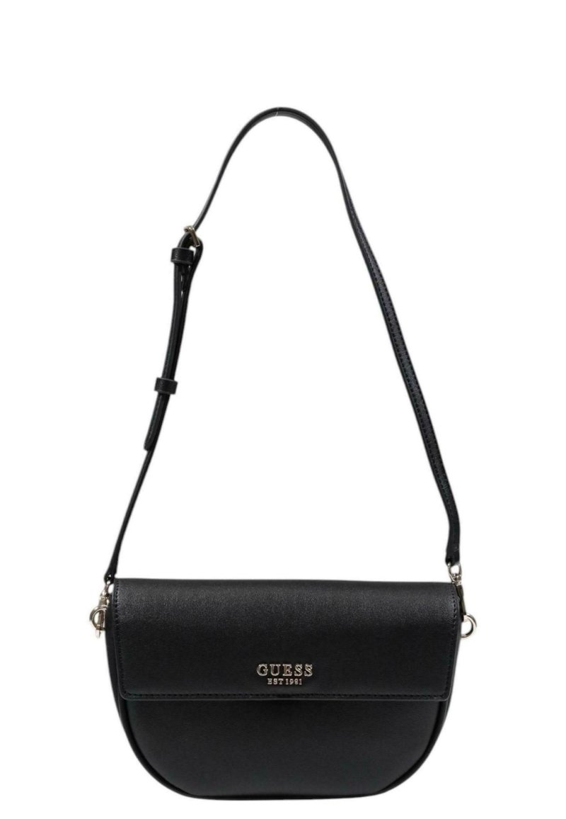 Borsa a tracolla in ecopelle nera con forma arrotondata, chiusura a pattina e hardware in argento. Presenta il logo "GUESS" impresso sul fronte.