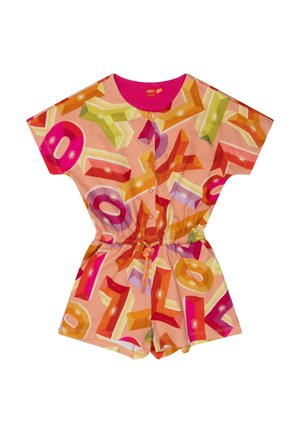 Korte mouwen perzikkleurige romper met kleurrijk 3D geometrisch patroon, knopen aan de voorkant, taillekoord en ronde halslijn.