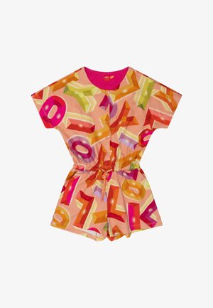 Korte mouwen perzikkleurige romper met kleurrijk 3D geometrisch patroon, knopen aan de voorkant, taillekoord en ronde halslijn.