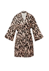 Kimono w stylu owijanym w kolorach czarnym, brzoskwiniowym i białym z abstrakcyjnym wzorem. Posiada szerokie rękawy oraz przewiązywany pasek, co zapewnia dopasowany wygląd.